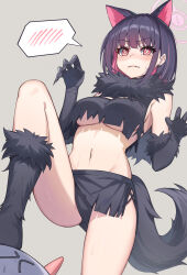 1girl absurdres animal_ears black_gloves black_hair blue_archive blush breasts bright_pupils chai_mao ear_piercing elbow_gloves gloves grey_background halo highres kazusa_(blue_archive) kazusa_(halloween)_(blue_archive) large_breasts multicolored_hair paw_pose piercing pink_eyes pink_hair short_hair simple_background solo spoken_blush stomping sweatdrop tail teeth two-tone_hair underboob white_pupils