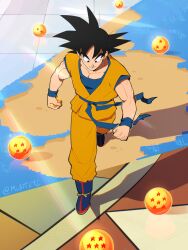 Rule 34 | 1boy, absurdres, ankle boots, arched bangs, arena, arms at sides, biceps, black eyes, black hair, black outline, blue boots, blue undershirt, blurry, bokeh, boots, brick floor, clenched hands, closed mouth, commentary, day, depth of field, dougi, dragon ball, dragon ball (classic), dragon ball (object), dragon ball super, dragonball z, english commentary, evolution, facing ahead, fingernails, from above, full body, grass, happy, highres, holding, holding dragon ball, lens flare, light rays, male focus, martial arts belt, muart242, multicolored boots, muscular, muscular male, namek, on ground, orange dougi, orange pants, outdoors, outline, pants, parted bangs, pectorals, progression, reflection, reflective floor, rope, shadow, short sleeves, sidelighting, smile, soil, son goku, spiked hair, split theme, standing, stone floor, striped clothes, striped footwear, subsurface scattering, sunlight, tareme, tile floor, tiles, twitter username, two-tone boots, undershirt, vertical-striped footwear, walking, wispy bangs, wristband