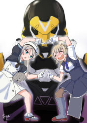 2girls akashieru armor black_jacket black_neckerchief black_pantyhose blue_dress blue_eyes blue_sailor_collar blush boots braid character_request chestnut_mouth closed_eyes dragon_ball dress drunk fusion_dance gloves grey_hair hair_bun hat highres jacket javelin_(kancolle) kantai_collection leaning_to_the_side light_brown_hair long_hair mecha multiple_girls neckerchief nose_blush open_mouth pantyhose power_armor ranger_(kancolle) robot sailor_collar sailor_hat short_sleeves side_braids single_side_bun two-tone_dress white_dress white_gloves white_headwear
