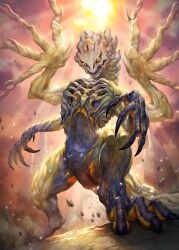 Rule 34 | claws, commentary request, debris, highres, kemonomichi (blue black), light particles, monster, monster hunter: world, monster hunter (series), monster hunter world: iceborne, no humans, open mouth, outdoors, red pupils, shara ishvalda, solo, sun, yellow eyes
