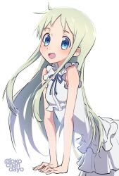 Rule 34 | 1girl, ano hi mita hana no namae wo bokutachi wa mada shiranai., blue eyes, blue ribbon, commentary request, cowboy shot, dress, highres, honma meiko, long hair, looking at viewer, neck ribbon, open mouth, ribbon, rokochandayo, simple background, sleeveless, sleeveless dress, solo, sundress, twitter username, white background, white dress