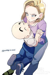 1boy 1girl android_18 bald bald_male blonde_hair blue_eyes blush couple dragon_ball happy highres holding_hands husband_and_wife kuririn smile white_background