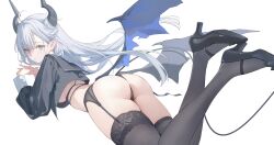 1girl absurdres ass black_bra black_panties black_sailor_collar black_shirt black_shoes black_thighhighs bra commentary cropped_shirt demon_girl demon_horns demon_tail demon_wings feet_up garter_belt grey_hair high_heels highres horns interlocked_fingers knees_out_of_frame lace lace-trimmed_thighhighs lace_trim lingerie long_hair long_sleeves looking_at_viewer low_wings lying nekojira no_pants on_stomach original own_hands_together panties parted_hair parted_lips pointy_ears puffy_long_sleeves puffy_sleeves sailor_collar sailor_shirt shirt shoes simple_background sleeve_cuffs solo symbol-only_commentary tail the_pose thea_(nekojira) thighhighs underwear white_background wings