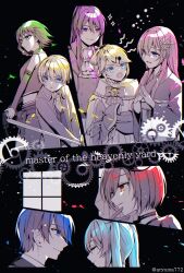 3boys 5girls allen_avadonia anniversary aqua_eyes aqua_hair aryuma772 banica_conchita blonde_hair blue_eyes brown_eyes dress_flower english_text evillious_nendaiki flower gallerian_marlon gears green_eyes green_hair gumi hakaba_no_aruji hatsune_miku high_ponytail highres hiiragi_kagami kagamine_rin kaito_(vocaloid) kamui_gakupo limited_palette master_of_the_heavenly_yard_(vocaloid) megurine_luka meiko_(vocaloid) michelle_marlon multiple_boys multiple_girls muted_color nemesis_sudou off_shoulder pink_hair ponytail purple_eyes purple_hair red_hair riliane_lucifen_d&#039;autriche sateriasis_venomania song_name sudou_kayo twitter_username vocaloid window