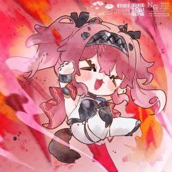 Rule 34 | &gt; &lt;, 1girl, armor, bad id, bad twitter id, black bow, blush, bodysuit, bow, breastplate, breasts, chibi, chibi only, commentary request, hair between eyes, hair bow, hair ornament, hairband, headgear, highres, long hair, lt26, lupa (wuthering waves), medium breasts, metal hairband, multiple hair bows, open mouth, pink hair, smile, solo, tail, twintails, watermark, white bodysuit, wolf tail, wuthering waves