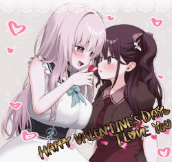 2girls blush breast_press breasts brown_eyes brown_hair candy chocolate chocolate_heart commentary commentary_request dress english_commentary english_text food happy_valentine heart heart-shaped_food holding holding_chocolate holding_food large_breasts long_hair looking_at_another mixed-language_commentary multiple_girls necktie one_side_up open_mouth original parted_lips pink_hair purple_eyes red_necktie saki_chisuzu smile valentine white_dress yuri