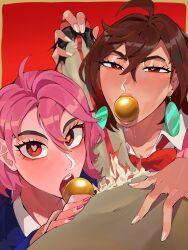 Rule 34 | 1boy, 2girls, ayase momo, ball, blush, brown hair, dandadan, diforland, fellatio, ffm threesome, group sex, heart, heart-shaped pupils, highres, large penis, licking, licking testicle, multiple girls, oral, penis, pink hair, pov, shiratori aira (dandadan), symbol-shaped pupils, takakura ken (dandadan), takakura ken (transformed) (dandadan), testicles, threesome