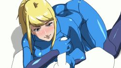 1boy 1girl animated animated_gif assertive_female blonde_hair blush bodysuit caressing_testicles censored derivative_work erogos handjob hetero kusanagi_chisato latex latex_bodysuit lineart long_hair looking_at_viewer looping_animation love_fetish metroid nintendo penis ponytail pov samus_aran shadow simple_background skin_tight smile solo_focus staring testicles third-party_edit traced white_background zero_suit