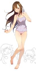 3girls ^_^ absurdres amatsu_amaguri animal_print arm_at_side bare_arms bare_legs barefoot blush bra_strap breasts brown_hair butterfly_print camisole closed_eyes collarbone commentary_request doodle_inset double-parted_bangs embarrassed feet fingernails floating_hair full_body hand_to_own_mouth highres idolmaster idolmaster_cinderella_girls long_fingernails long_hair medium_breasts mellow_yellow_(idolmaster) mizumoto_yukari multiple_girls nail_polish nakano_yuka no_pants nose_blush open_mouth orange_eyes orange_nails panties parted_lips pink_camisole pink_panties ponytail print_panties raised_eyebrows raised_inner_eyebrows shiina_noriko smile solo_focus spread_fingers straight_hair toenails toes twintails underwear variant_set