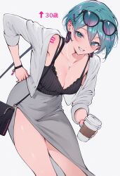 Rule 34 | 1girl, absurdres, alternate hairstyle, aqua eyes, aqua hair, aqua nails, blush, breasts, coffee, collarbone, cup, disposable coffee cup, disposable cup, earrings, eyewear on head, grey skirt, hair ornament, hairclip, hand on own hip, hatsune miku, highres, holding, jewelry, large breasts, leaning forward, long sleeves, looking at viewer, nail polish, necklace, paid reward available, parted lips, qiandaiyiyu, short hair, simple background, skirt, smile, solo, sunglasses, thighs, vocaloid, white background