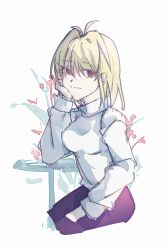 1girl antenna_hair arcueid_brunestud blonde_hair breasts dress hand_on_own_face highres long_sleeves medium_hair red_eyes simple_background skirt smile solo sweater tsukihime turtleneck vampire white_background white_sweater zasz2233