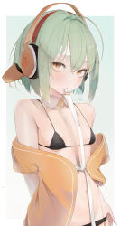 1girl absurdres ahoge arms_behind_back bare_shoulders bikini black_bikini black_panties blush breasts chunithm covered_erect_nipples detached_collar green_hair groin hair_between_eyes headphones highres kisaragi_yaya looking_at_viewer micro_bikini mouth_hold navel off_shoulder open_clothes orange_eyes orange_headphones orange_shirt panties panty_pull ribbon ribbon_in_mouth shirt short_hair signature sky_feather_(chunithm) small_breasts solo swimsuit underwear undressing untying upper_body