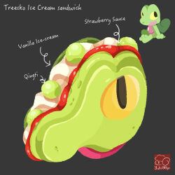 arrow_(symbol) artist_logo artist_name character-themed_food character_name food food_focus food_name gen_3_pokemon grey_background highres ice_cream ice_cream_sandwich jam logo nintendo no_humans pokemon pokemon_(creature) simple_background treecko yuki00yo