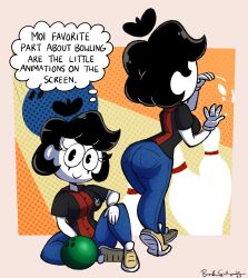 Rule 34 | 1girl, artist name, ass, ball, beret, bowling ball, breasts, closed mouth, colored skin, commentary, english commentary, english text, gloves, hat, highres, holding, imrachets, mime, mute, mute the mime (imrachets), original, pac-man eyes, sitting, smile, solo, speech bubble, standing, thought bubble, toon (style), white gloves, white skin