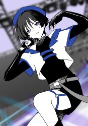 1boy absurdres alternate_costume bare_shoulders belt beret black_bodysuit black_hair black_shorts black_socks blue_hat blue_trim blunt_ends blurry bodysuit bright_pupils crop_top cropped_shirt depth_of_field elbow_gloves genshin_impact gloves grey_belt hair_intakes hat highres holding holding_microphone lapels male_focus microphone o-ring o-ring_strap o-ring_thigh_strap off_shoulder parted_lips partially_colored partially_fingerless_gloves purple_eyes rrr_gns_(riuriu_1212) scaffolding scaramouche_(genshin_impact) shirt shorts smile socks solo stage stage_lights thigh_strap turtleneck turtleneck_bodysuit wanderer_(genshin_impact) white_pupils white_shirt white_trim