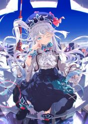 1girl aqua_eyes beret blue_sky blurry bracelet braid building cityscape cover cover_page crossed_legs depth_of_field elif_anatolia fisheye floating_hair front_ponytail full_body hand_on_own_cheek hand_on_own_face hat high_heels jacket jewelry kochira_shuumatsu_teitai_iinkai long_hair long_skirt necklace novel_cover official_art ogipote one_eye_closed second-party_source side_ponytail sitting skirt sky slit_pupils solo tokyo_tower white_hair white_jacket wide_sleeves