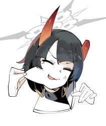 1girl 1other anger_vein black_hair blue_archive broken_horn cheek_pull closed_eyes earrings fangs gradient_horns grey_halo halo highres hoop_earrings horns jewelry maton_3110 multicolored_horns niya_(blue_archive) open_mouth red_horns short_hair simple_background skin_fangs solo_focus tearing_up white_background yellow_horns