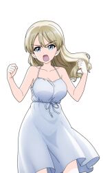 1girl alternate_costume alternate_hairstyle angry blonde_hair breasts cleavage clenched_hands darjeeling_(girls_und_panzer) dress girls_und_panzer highres large_breasts legs long_hair looking_at_viewer open_mouth solo thighs tongue