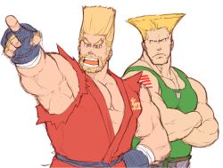 2boys american_flag_tattoo arm_tattoo bandaged_hand bandages bara beard belt biceps black_belt blonde_hair closed_mouth collarbone crossed_arms dog_tags facial_hair fingerless_gloves gloves green_tank_top guile hairstyle_request jewelry looking_at_viewer looking_to_the_side magnum_feering male_focus multiple_boys muscular muscular_male necklace open_mouth paul_phoenix pectoral_cleavage pectorals pointing pointing_at_viewer red_dougi red_shirt shirt shouting street_fighter tank_top tattoo tekken thick_eyebrows torn_clothes torn_sleeves