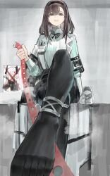 1girl absurdres arknights black_pantyhose brown_hair feet hairband highres holding holding_leash leash long_hair looking_at_viewer open_mouth pantyhose pov priestess_(arknights) shoes single_shoe steam tiansuo_haoer toes unworn_shoes viewer_on_leash