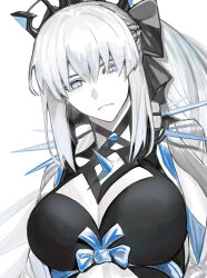 1girl black_bow black_tiara blue_bow blue_eyes bow braid breasts cleavage clothing_cutout fate/grand_order fate_(series) frown hair_between_eyes hair_bow half_up_braid halterneck highres large_breasts long_hair m_ttl morgan_le_fay_(fate) ponytail shrug_(clothing) sidelocks solo spikes tiara upper_body white_background white_hair white_shrug