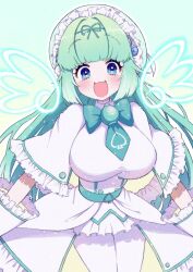 1girl blue_eyes blunt_bangs bombergirl bow breasts buttons capelet double-breasted drawn_wings dress eyelashes fang frilled_dress frills gradient_background green_bow green_hair hair_ribbon hat highres large_breasts long_hair melon_(bombergirl) mob_cap open_mouth pantyhose print_bow ribbon smile solo spade_(shape) tareme umamochi_shiro white_capelet white_dress white_pantyhose