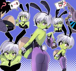 1girl 2boys ? absurdres animal_ears bare_shoulders beerus black_hair black_necktie blush breasts broly_(dragon_ball_super) cat_boy cheelai chibi cleavage colored_skin commentary confused cup_ramen detached_collar dragon_ball dragon_ball_super dragon_ball_super_broly easter_egg egg english_commentary fake_animal_ears fake_tail food green_skin happy_easter highres holding holding_egg large_breasts leotard looking_at_another looking_back multiple_boys multiple_views muscular muscular_male navietta necktie noodles open_mouth pantyhose playboy_bunny purple_background purple_eyes purple_pantyhose rabbit_ears rabbit_tail ramen saiyan seductive_smile short_hair smile sweatdrop tail white_hair