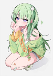 1girl bandaid bandaid_on_knee bandaid_on_leg bare_shoulders blunt_bangs breasts chaum closed_mouth crocs full_body green_hair green_jacket grey_background grey_shorts hair_ornament hairclip heart highres jacket long_hair long_sleeves looking_at_viewer off_shoulder purple_eyes shirt short_shorts shorts simple_background sleeveless sleeveless_shirt smile socks solo squatting stellive virtual_youtuber white_shirt white_socks yuzuha_riko