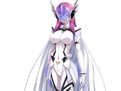 Rule 34 | 1girl, blue skin, bodysuit, breasts, cape, closed eyes, colored skin, covered erect nipples, covered navel, face shield, game cg, gentle sasaki, helmet, large breasts, long hair, non-web source, official art, open mouth, pink hair, prism reica, shindou hatsune, skin tight, smile, solo, soukou senki prism reica, transparent background, wings