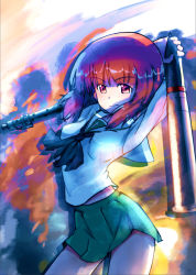 1girl arms_behind_head arms_up black_neckerchief blouse brown_eyes brown_hair closed_mouth commentary_request cowboy_shot frown girls_und_panzer green_skirt gun highres holding long_sleeves looking_at_viewer machine_gun midriff_peek miniskirt multicolored_background neckerchief nishizumi_miho ooarai_school_uniform partial_commentary pleated_skirt sailor_collar school_uniform serafuku shirt short_hair skirt solo tank_shell torise_kai weapon white_sailor_collar white_shirt