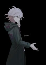 1boy absurdres black_background coat covered_mouth cowboy_shot danganronpa_(series) danganronpa_2:_goodbye_despair finger_to_mouth from_side green_coat grey_eyes hareruya_(smomo2227) highres hood hooded_coat komaeda_nagito looking_at_viewer male_focus short_hair simple_background solo white_hair