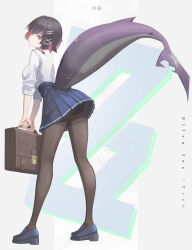 1girl absurdres ass bag black_hair black_panties blue_shoes blue_skirt brown_bag brown_pantyhose character_name closed_mouth colored_inner_hair commentary_request ellen_joe ellen_joe_(on_campus) fins fish_tail from_behind full_body highres holding holding_bag looking_at_viewer looking_back multicolored_hair panties pantyhose pink_hair pleated_skirt school_bag shark_tail shengkai167 shirt shirt_tucked_in shoes short_hair skirt sleeves_rolled_up solo standing tail underwear white_shirt zenless_zone_zero