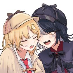 2girls ;d anger_vein annoyed black_capelet black_hair black_hat black_necktie black_ribbon blonde_hair blush bow brooch brown_bow capelet closed_eyes collared_shirt commentary deerstalker dress_shirt english_commentary facial_mark fangs friends frilled_capelet frills grey_hair hair_ornament happy happy_(yppah1060) hat hat_bow hat_ribbon heads_together heart heart_facial_mark highres hololive hololive_english jewelry looking_at_another mark_under_eye multicolored_hair multiple_girls neck_ribbon necktie one_eye_closed open_mouth plaid_hat portrait raised_eyebrows red_brooch ribbon shiori_novella shiori_novella_(casual) shirt short_hair simple_background slit_pupils smile split-color_hair sweatdrop tsurime two-tone_hair u_u virtual_youtuber watson_amelia watson_amelia_(1st_costume) white_background white_shirt wing_collar x x_facial_mark yellow_capelet yellow_eyes yellow_hat