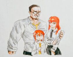 Rule 34 | 1boy, 2girls, black necktie, chainsaw man, collared shirt, hair between eyes, highres, holding, kobayashi-san chi no maidragon, kobayashi (maidragon), long hair, long sleeves, looking at viewer, makima (chainsaw man), metal gear (series), metal gear rising: revengeance, multiple girls, necktie, orange hair, outfit connection, shirt, simple background, smile, steven armstrong, walnutking11, white shirt