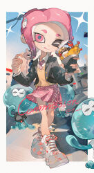 1girl ;q ankle_boots black_jacket boots border closed_mouth collared_shirt commentary commission eating english_commentary fingernails food food_on_face fried_egg full_body highres holding holding_food jacket jellyfish_(splatoon) long_sleeves looking_at_viewer medium_hair necktie nintendo octoling octoling_girl octoling_player_character one_eye_closed open_clothes open_jacket parted_bangs pink_eyes pink_hair pink_necktie pink_skirt pleated_skirt school_uniform sharp_fingernails shirt shrimp shrimp_tempura skirt smile solo splatoon_(series) standing sweater_vest tempura tentacle_hair tongue tongue_out towo_nita white_boots white_border white_shirt yellow_sweater_vest