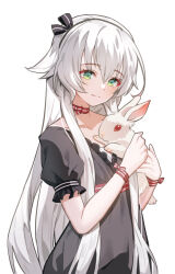 1girl altina_orion black_dress black_hairband bow bow_choker chibi_vanille choker closed_mouth dress eiyuu_densetsu eyelashes frilled_dress frills green_eyes hairband long_hair red_bow red_choker red_eyes sen_no_kiseki sen_no_kiseki_(series) sen_no_kiseki_i sen_no_kiseki_iii simple_background smile solo white_background white_fur white_hair white_rabbit_(animal) wrist_bow