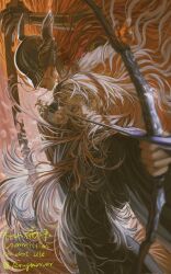 2girls black_robe blue_eyes bow_(weapon) brown_hair commission covered_eyes cowboy_shot drawing_bow elden_ring from_side helmet helmet_over_eyes highres holding holding_bow_(weapon) holding_sword holding_weapon long_hair looking_at_viewer malenia_blade_of_miquella multiple_girls outstretched_arm red_hair robe roughriver sword tarnished_(elden_ring) weapon winged_helmet
