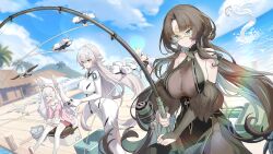 4girls animal_ears azur_lane bird black_hair blue_sky bodysuit boots breasts cleavage controller domino_mask dragon_horns dress drone eye_mask fargo_(azur_lane) fish fishing fishing_line fishing_rod fur_trim game_cg gloves green_eyes hair_ornament highres holding holding_fishing_rod horns huan_ch&#039;ang_(azur_lane) laffey_(azur_lane) large_breasts long_hair mask multiple_girls non-web_source pier rabbit_ears remote_control rigging seagull shimanto_(azur_lane) sitting sky sleeping sleeveless thick_thighs thighs water white_hair