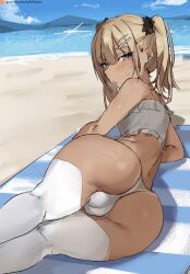 1boy artist_name ass bare_arms bare_shoulders beach bikini black_ribbon blonde_hair commentary covered_testicles crossdressing day ear_piercing english_commentary fang fang_out hair_between_eyes hair_ornament hair_ribbon hairclip highres long_hair looking_at_viewer looking_back lying male_focus mole mole_under_eye mountainous_horizon nabi_(xcider) on_blanket on_side original outdoors patreon_username piercing ribbon sand solo swimsuit tan thighhighs trap twintails water white_bikini white_thighhighs xcider