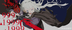 1999 1girl :d absurdres blue_background blue_eyes brown_cape cape dikke_(reverse:1999) disembodied_hand fighting_stance floating_hair grey_background grey_hair hands_up highres holding holding_sword holding_weapon long_hair looking_ahead looking_at_viewer open_mouth purple_sleeves reverse:1999 sketch smile solo sword two-handed two-tone_background upper_body watermark weapon weibo_watermark yetecong