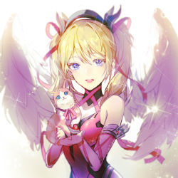 1girl angel_wings bare_shoulders blonde_hair blue_eyes cat dress female_focus hair_between_eyes hair_ribbon heart heart-shaped_pupils holding looking_at_viewer mercy_(overwatch) official_alternate_costume open_mouth overwatch overwatch_1 pink_dress pink_mercy pink_ribbon ribbon road_233 solo symbol-shaped_pupils twintails upper_body wings