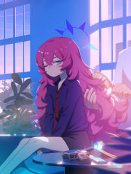 1girl black_skirt blue_archive blue_eyes blue_shirt blush brush brushing_another&#039;s_hair brushing_hair gun halo handgun holding holding_brush indoors iroha_(blue_archive) legs long_hair looking_at_viewer messy_hair necktie one_eye_closed pistol red_hair red_necktie shamonabe shirt sitting skirt solo_focus table weapon