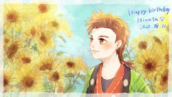1boy black_shirt blue_sky blush bokujou_monogatari bokujou_monogatari:_mittsu_no_sato_no_taisetsuna_tomodachi border brown_eyes brown_hair closed_mouth cloud collarbone dated flower green_haori hair_bobbles hair_ornament haori happy_birthday heart hinata_(bokujou_monogatari) japanese_clothes jinbei looking_at_flowers looking_to_the_side male_focus paper_texture parted_bangs portrait rattail red_shirt salad726 shirt side_part sky smile solo sunflower white_border