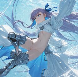 bottomless fate/grand_order fate_(series) highres meltryllis meltryllis_(fate) meltryllis_(swimsuit_lancer)_(fate) navel no_panties no_pants purple_hair pussy shiny_skin water
