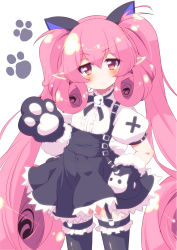 1girl animal_ears animal_hands black_gloves black_skirt black_thighhighs blush cat_ears cosplay curly_hair fake_animal_ears female_focus garter_straps gloves hand_on_own_hip highres kooh kooh_(cosplay) long_hair neneka_(princess_connect!) pangya paw_gloves pink_eyes pink_hair pointy_ears princess_connect! shirt skirt solo sw_(taco) thighhighs twintails very_long_hair white_shirt