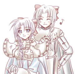 1boy 1girl 2000s_(style) armor boobplate bow braid breastplate brown_bow closed_eyes closed_mouth commentary_request crusader_(ragnarok_online) dated_commentary gauntlets hair_bow hair_over_shoulder long_hair looking_at_viewer lowres musical_note pauldrons purple_eyes purple_hair ragnarok_online sharari shoulder_armor side_braid simple_background single_braid smile upper_body white_background