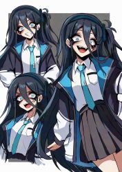 1girl aris_(blue_archive) black_hair blue_archive blue_eyes blue_necktie hair_between_eyes hairband halo highres jacket long_hair long_sleeves looking_at_viewer multiple_persona nagainegi necktie open_mouth shirt simple_background skirt smile solo very_long_hair white_background white_shirt