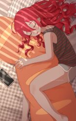 Rule 34 | 1girl, alternate costume, alternate hairstyle, baguette, bread, cellphone, closed eyes, commentary, drooling, english commentary, feet out of frame, fetal position, food, food-themed pillow, grey shoes, highres, hugging object, julie (rolleybun), kasane teto, long hair, open mouth, phone, pillow, pillow hug, shirt, shoes, sleeping, sleeveless, sleeveless shirt, smartphone, solo, striped clothes, striped shirt, twitter username, utau