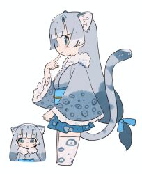 1girl animal_print blue_eyes blue_skirt blunt_bangs blush extra_ears finger_to_mouth frilled_sleeves frills fur_collar grey_hair grey_kimono grey_thighhighs japanese_clothes kemono_friends kimono kimono_skirt leopard_print long_hair long_sleeves looking_at_viewer multicolored_hair multiple_views naka_(buttergirl_02) pleated_skirt print_kimono print_skirt print_thighhighs sidelocks skirt snow_leopard_(kemono_friends) snow_leopard_ears snow_leopard_girl snow_leopard_tail thighhighs white_fur white_hair zettai_ryouiki
