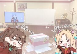 Rule 34 | &gt; &lt;, 2girls, :d, blonde hair, blue hair, blush, box, brown hair, camera, cardboard box, chibi, clubroom, colored tips, commentary request, fang, flower, fujishima megumi, furigana, hair flower, hair ornament, highres, link! like! love live!, long hair, love live!, mira-cra park!, multicolored hair, multiple girls, open mouth, osawa rurino, osawa rurino&#039;s cardboard box, parted bangs, phonograph, photo background, pink flower, skin fang, smile, sparkle, television, translation request, twintails, two side up, vase, virtual youtuber, watage modoki, whiteboard, xd, yugiri tsuzuri